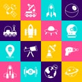 Set Planet Saturn, Ray gun, Astronaut helmet, Rocket ship, Mars rover, Satellite and UFO flying spaceship icon. Vector Royalty Free Stock Photo