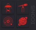 Set Planet Saturn, UFO abducts cow, Telescope and Solar system icon. Vector Royalty Free Stock Photo