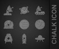 Set Planet Venus, Rocket ship, UFO flying spaceship, Mars rover, Astronaut helmet, and Satellite dish icon. Vector Royalty Free Stock Photo