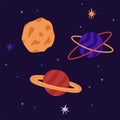 Set of planets and stars in outer space vector illustration. Different abstract cosmic objects in cosmos. Childish Royalty Free Stock Photo