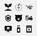 Set Plant, Apple, Wheelbarrow with dirt, Udder, Bottle milk, Pack full of seeds of plant, Shield pig and Pig icon