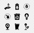 Set Plant in hand, Eco nature leaf battery, Recycle, Trash can, Light bulb with, clean aqua and bin recycle icon. Vector Royalty Free Stock Photo