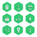 Set Plant in hand, Light bulb with leaf, Wind turbine, Apple core, Eco shop, Leaf symbol, Recycle and Trash can icon Royalty Free Stock Photo