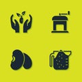 Set Plant in hand, Measuring cup, Beans and Manual coffee grinder icon. Vector