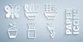 Set Plant in pot, Seeds bowl, Flower, and Butterfly icon. Vector