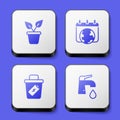 Set Plant in pot, World Earth day, Trash can and Water tap icon. White square button. Vector Royalty Free Stock Photo