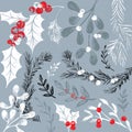 Set of winter plants and elements in rustic linocut scratchy style Royalty Free Stock Photo