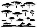 Set of plants. African savannah landscape. Silhouette picture. Africa acacia tree. Isolated on white background. Vector. Royalty Free Stock Photo