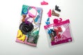 Set of plastic accessories for barbie dolls on white background