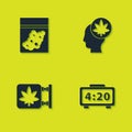 Set Plastic bag of cannabis, Digital alarm clock, Marijuana and store and Head with marijuana icon. Vector