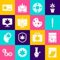 Set Plastic bag of cannabis, Marijuana joint, Ashtray, Monitor and marijuana or, Location, Calendar leaf and Cookies