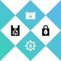 Set Plastic bag with recycle, Leaf plant in gear machine, Car battery and Shopping icon. Vector