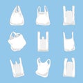 Set of plastic bags hand-drawn isolated on blue background. Cartoon style.