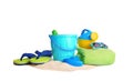 Set of plastic beach toys, accessories and pile of sand Royalty Free Stock Photo