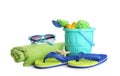 Set of plastic beach toys, towel, sunglasses and flippers Royalty Free Stock Photo