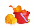 Set of plastic beach toys on white Royalty Free Stock Photo