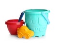 Set of plastic beach toys on white Royalty Free Stock Photo