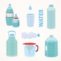 Set Plastic bottle of pure water, different bottle design vector illustration in cartoon style. Royalty Free Stock Photo