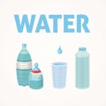 Set Plastic bottle of pure water, different bottle design vector illustration in cartoon style. Royalty Free Stock Photo