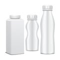 Set of plastic bottle with cap for dairy products. For milk, drink yogurt, cream, dessert. Vector realistic pack