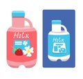 Set of plastic bottles with strawberry flavored milk. Item in flat cartoon style for decoration. Vector illustration