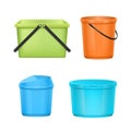 Set of plastic bucket realistic. Household or garden pails, trash bin with lid and handle