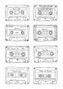 Set of plastic cassette, audio tape with different music. Hand drawn retro illustration.