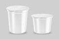 Set of Plastic container for dairy foods with foil lid isolated on background with clipping path. Royalty Free Stock Photo