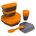 Set of plastic dishes for camping or for hiking, combined color gray with orange, food containers and a folding glass, on a white Royalty Free Stock Photo