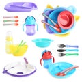 Set of plastic dishware for baby food on background