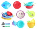 Set of plastic dishware for baby food on background