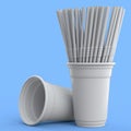 Set of plastic disposable party cups for coffee with heap straw on blue