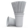 Set of plastic disposable party cups for coffee with heap straw on white