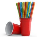Set of plastic disposable party cups for coffee with heap straw on white