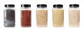 Set of plastic jars with different uncooked rices