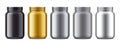 Set of plastic Jars. Metalized surface version. Gold, Silver, Grey, Black colors Royalty Free Stock Photo