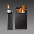 Set Plastic Metal Lighter with Flame and Pack of Cigarettes Royalty Free Stock Photo