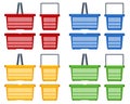 Set of plastic shopping baskets on white background. Red, yellow, blue, green plastic shopping baskets Side view Royalty Free Stock Photo