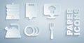 Set Plate, Chef hat with location, Kettle handle, Fork, Cutting board knife and Slow cooker icon. Vector