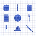 Set Plate, Citrus fruit juicer, Rolling pin, Fork, Knife, Open matchbox and matches, Cookbook and Cooking pot icon