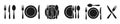Set plate, fork and knife icons in different variations - vector