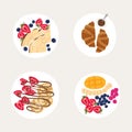 Set of plates with a beautiful breakfast. Sweet classic breakfast with berries. Pancakes, French croissants, fruit plate