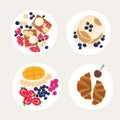 Set of plates with beautiful breakfasts. Sweet classic breakfast with berries. Pancakes, French croissants, Belgian waffles and Royalty Free Stock Photo