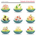 Set of plates with various world cuisine salads color flat icons