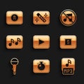 Set Play button, Stopwatch, MP3 file, media, Microphone, Music note, tone, Speaker mute and Record icon. Vector