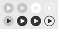Set of play icons on transparent background texture. Elements for video player. Push, start, click or record button for
