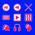 Set Play in square, Headphones, Musical note human head, Sound mixer controller, speech bubble, Drum sticks and Speaker