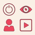 Set Play in square, Power button, Eye and Add to friend icon. Vector