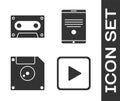 Set Play in square, Retro audio cassette tape, Floppy disk for computer data storage and Tablet icon. Vector Royalty Free Stock Photo