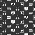 Set Play in square, Sound mixer controller, Headphones and Musical note in speech bubble on seamless pattern. Vector